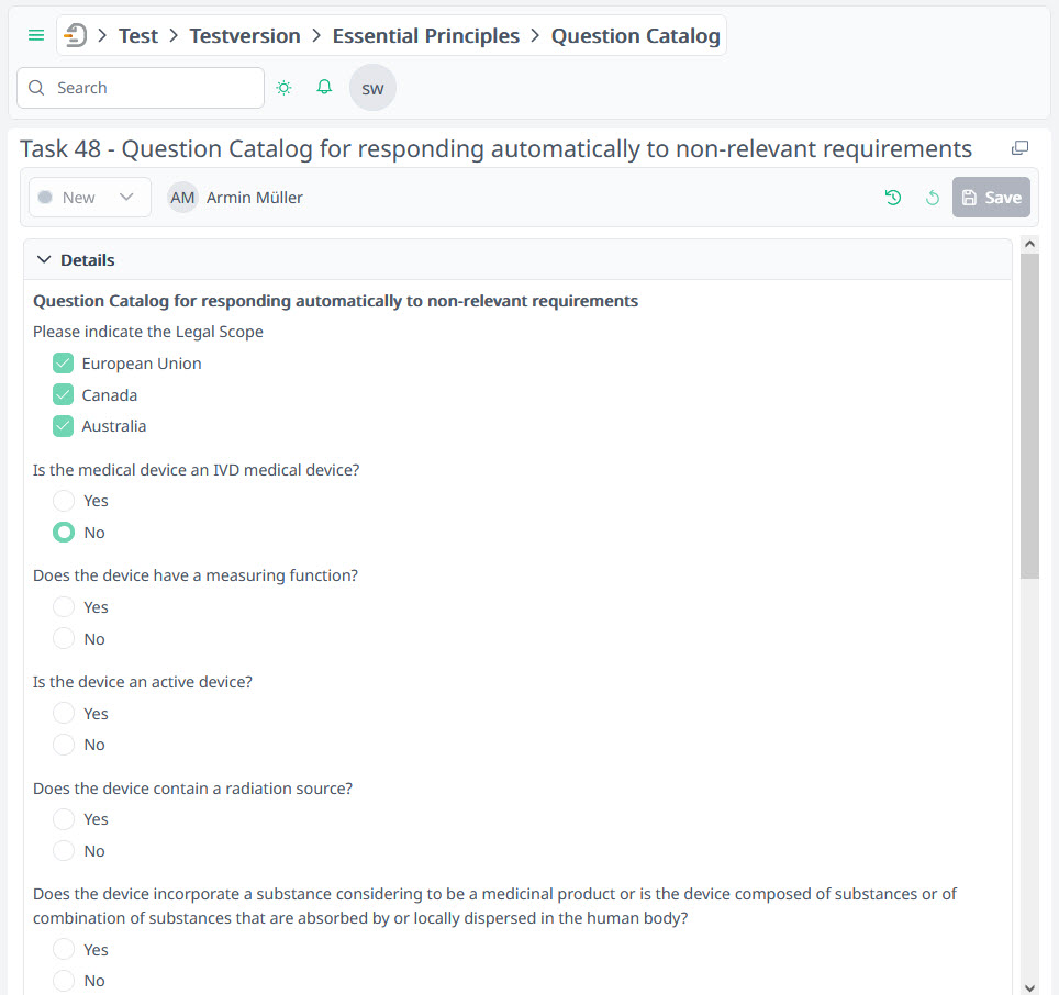 Question Catalog for responding automatically to non-relevant requirements