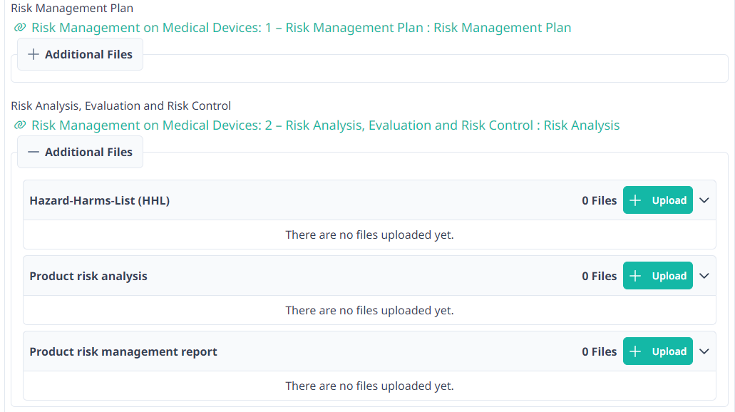 Screenshot showing two links to other documents (Link 1: Risk Management Plan, Link 2: Risk Analysis). Both links have a button labeled "Additional Files" that expands a section. The lower link is expanded, showing 3 input elements for uploading files. Labels of the 3 elements: "Hazard-Harms List (HHL)", "Product Risk Analysis", "Product Risk Management Report"