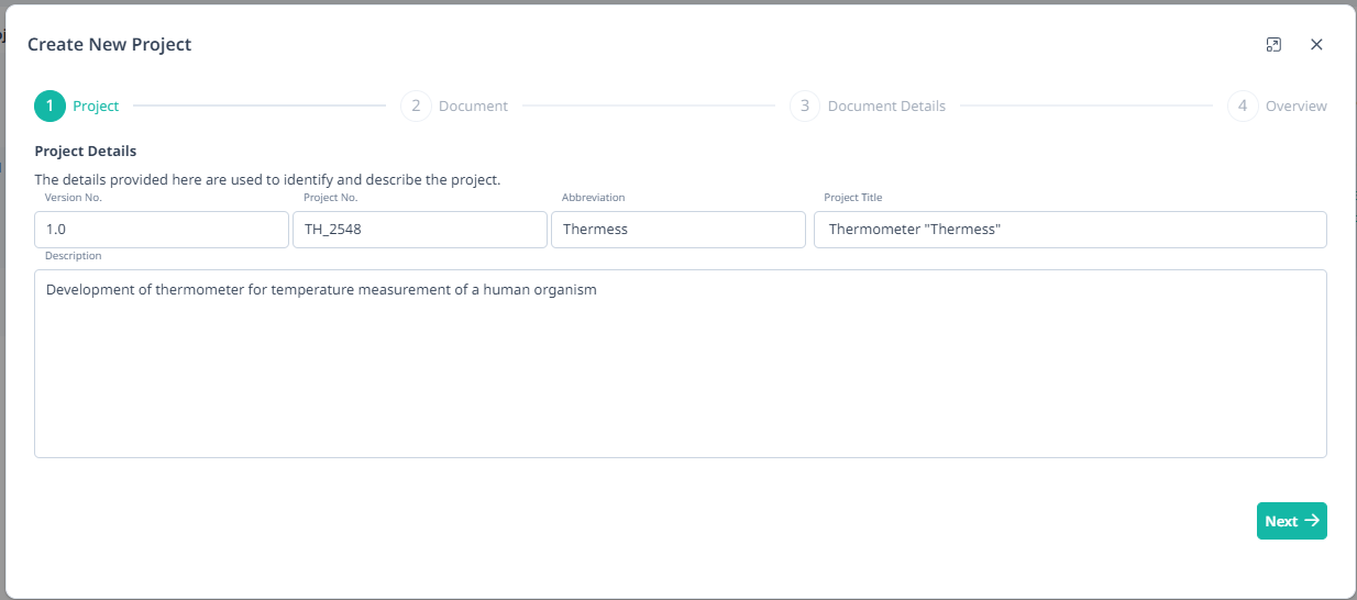 Screenshot of the first step of the new dialog. Shows input fields for project metadata