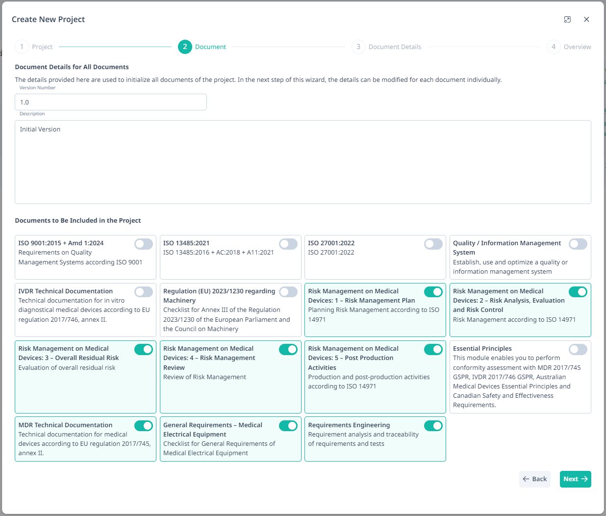 Screenshot of the second step of the new dialog. Shows input fields for selecting documents