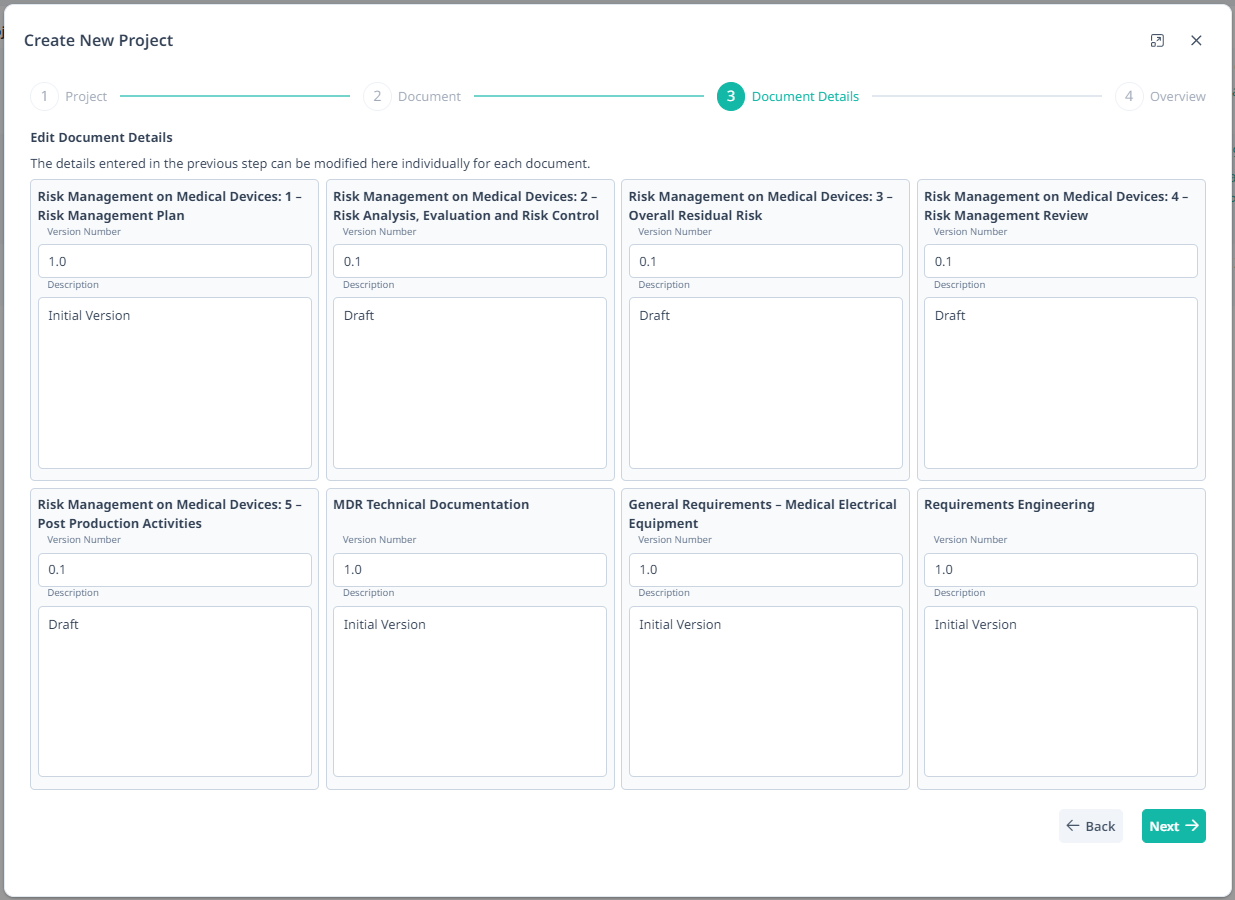 Screenshot of the third step of the new dialog. Shows input fields for specifying metadata for each document