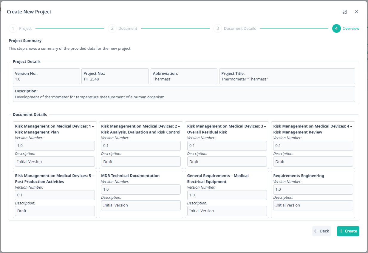 Screenshot of the fourth step of the new dialog. Shows an overview of the entered data